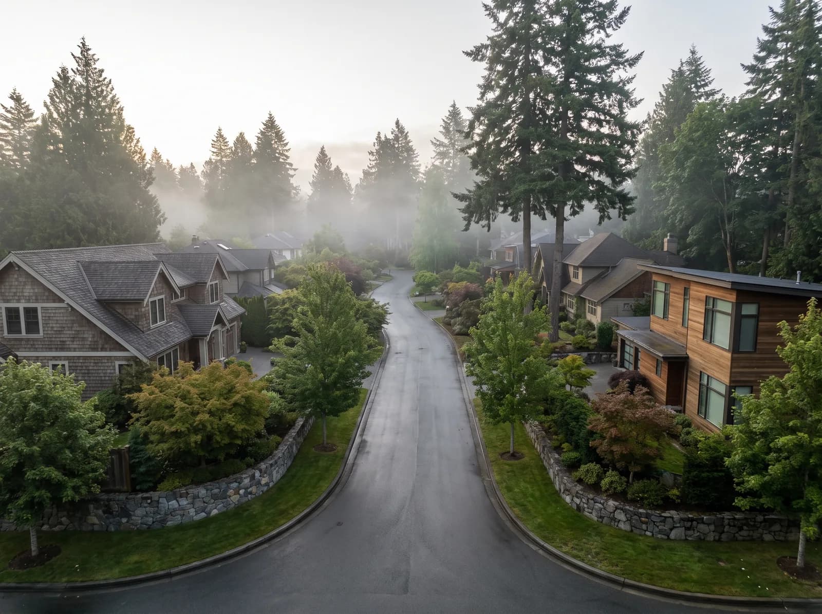 A quiet residential street of West Coast homes under early-morning mist